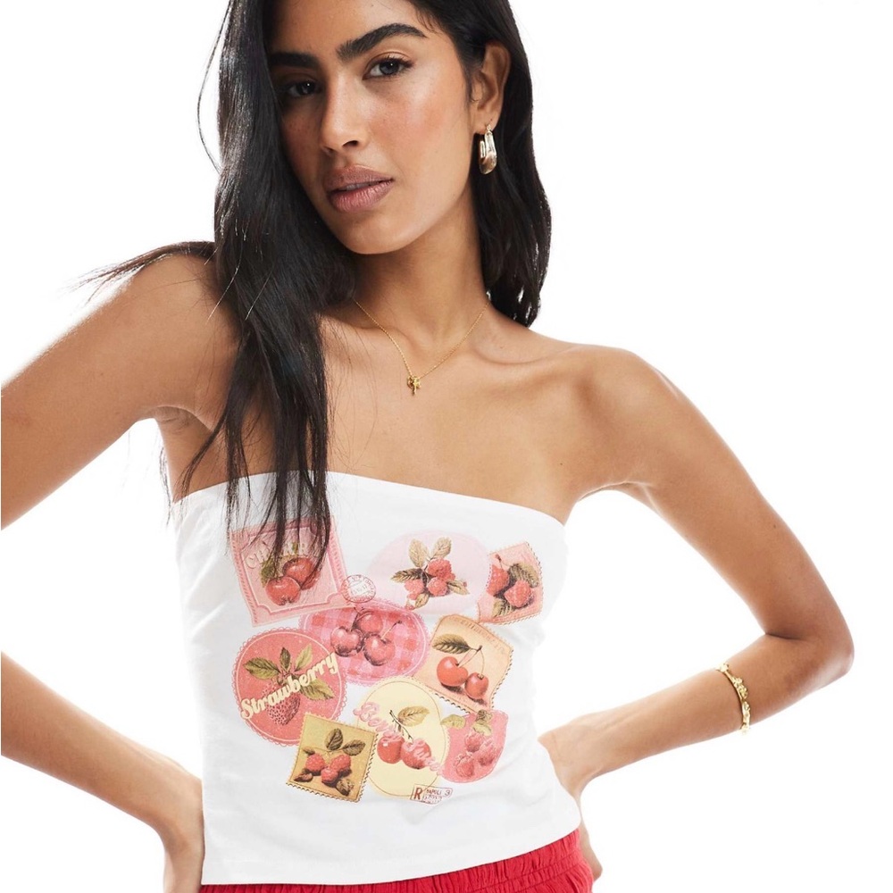 Miss Selfridge Cherry Graphic Bandeau Tube Top – White – Size M – Brand New